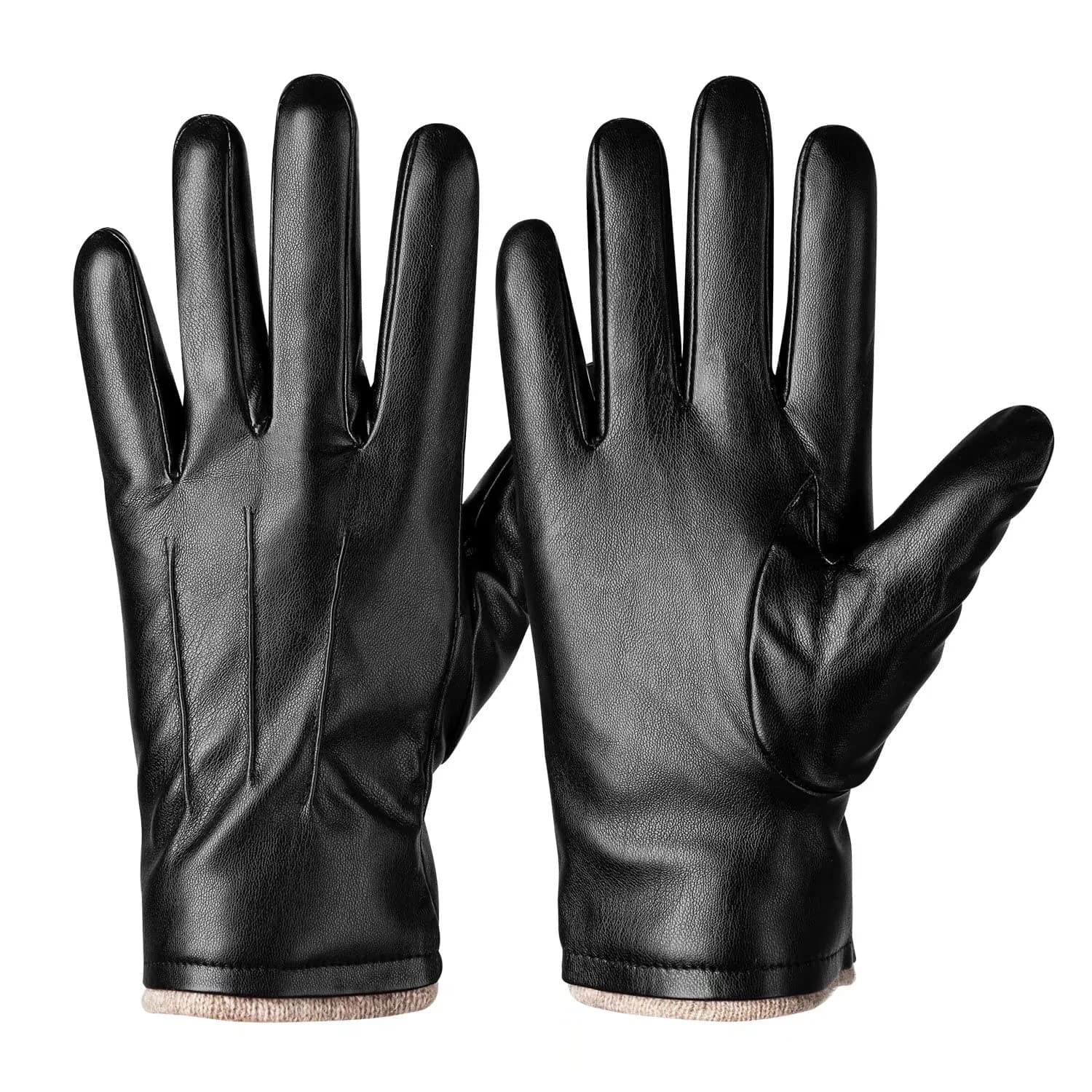 Alepo Men's Winter PU Leather Gloves with Wool Lining & Touchscreen Compatibility (Black, XXL) — Black / L-8.46