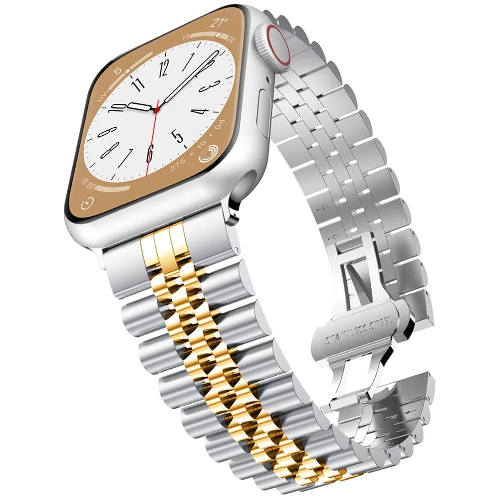 baozai Stainless Steel Watch Band for Apple Watch Ultra 3/2/1, 46mm/45mm/44mm/42mm with Butterfly Clasp | Silver/Gold Jubilee Style