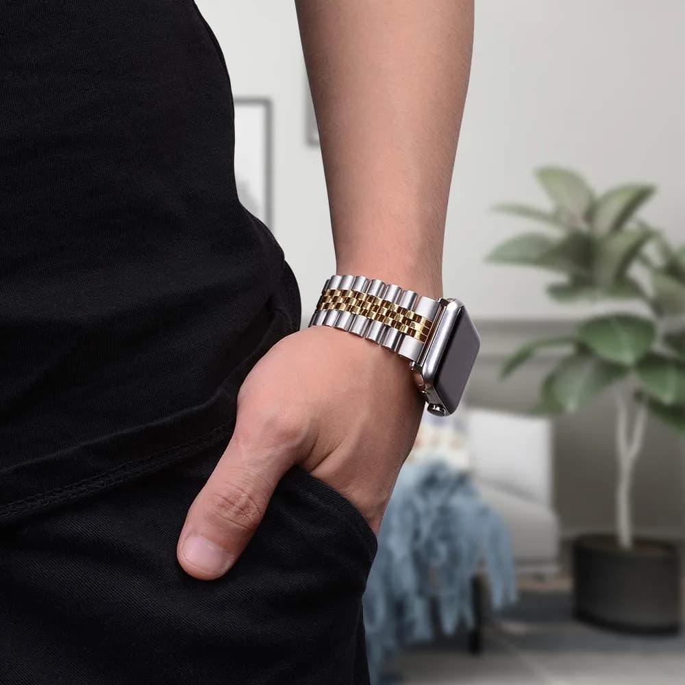 baozai Stainless Steel Watch Band for Apple Watch Ultra 3/2/1, 46mm/45mm/44mm/42mm with Butterfly Clasp | Silver/Gold Jubilee Style - view 5