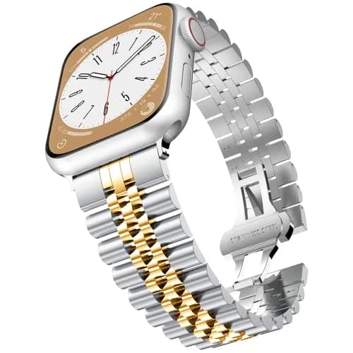 baozai Stainless Steel Watch Band for Apple Watch Ultra 3/2/1, 46mm/45mm/44mm/42mm with Butterfly Clasp | Silver/Gold Jubilee Style thumbnail 1
