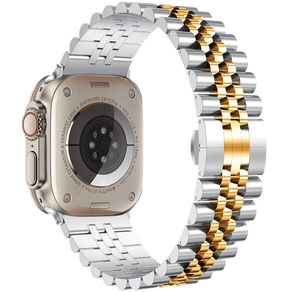 baozai Stainless Steel Watch Band for Apple Watch Ultra 3/2/1, 46mm/45mm/44mm/42mm with Butterfly Clasp | Silver/Gold Jubilee Style - view 2