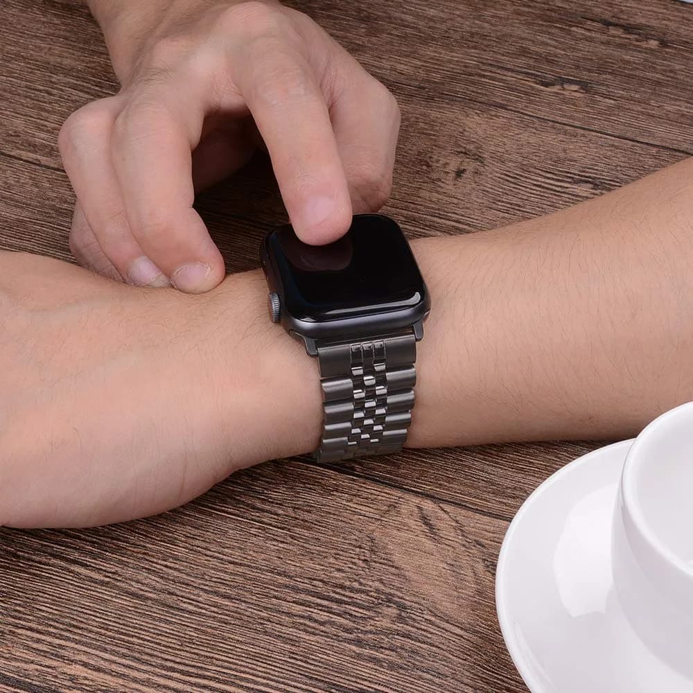 baozai Stainless Steel Watch Band for Apple Watch Ultra 3/2/1 46mm/45mm/44mm/42mm | Space Gray Jubilee Strap with Butterfly Clasp - view 5