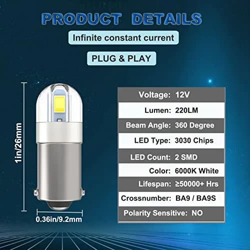 Anourney BA9S LED Bulbs 12V White | Super Bright Car Dome Map Lights thumbnail 2