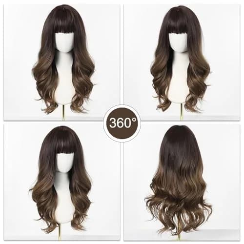 Esmee 24 Inch Long Wavy Synthetic Ombre Wig with Bangs for Women | Heat Resistant, Machine Made, Average Cap Size thumbnail 5