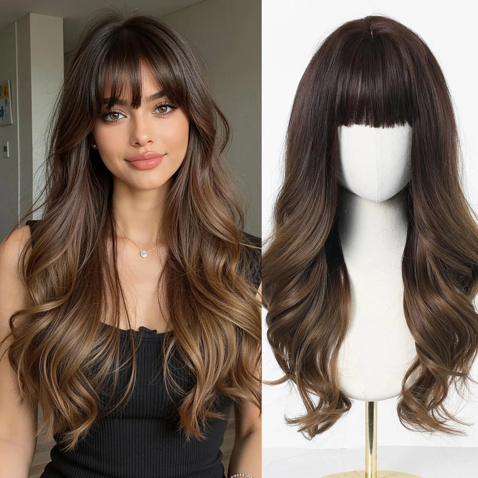 Esmee 24 Inch Long Wavy Synthetic Ombre Wig with Bangs for Women | Heat Resistant, Machine Made, Average Cap Size