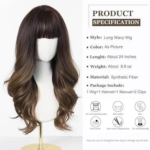 Esmee 24 Inch Long Wavy Synthetic Ombre Wig with Bangs for Women | Heat Resistant, Machine Made, Average Cap Size thumbnail 2
