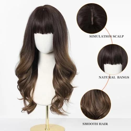 Esmee 24 Inch Long Wavy Synthetic Ombre Wig with Bangs for Women | Heat Resistant, Machine Made, Average Cap Size thumbnail 3