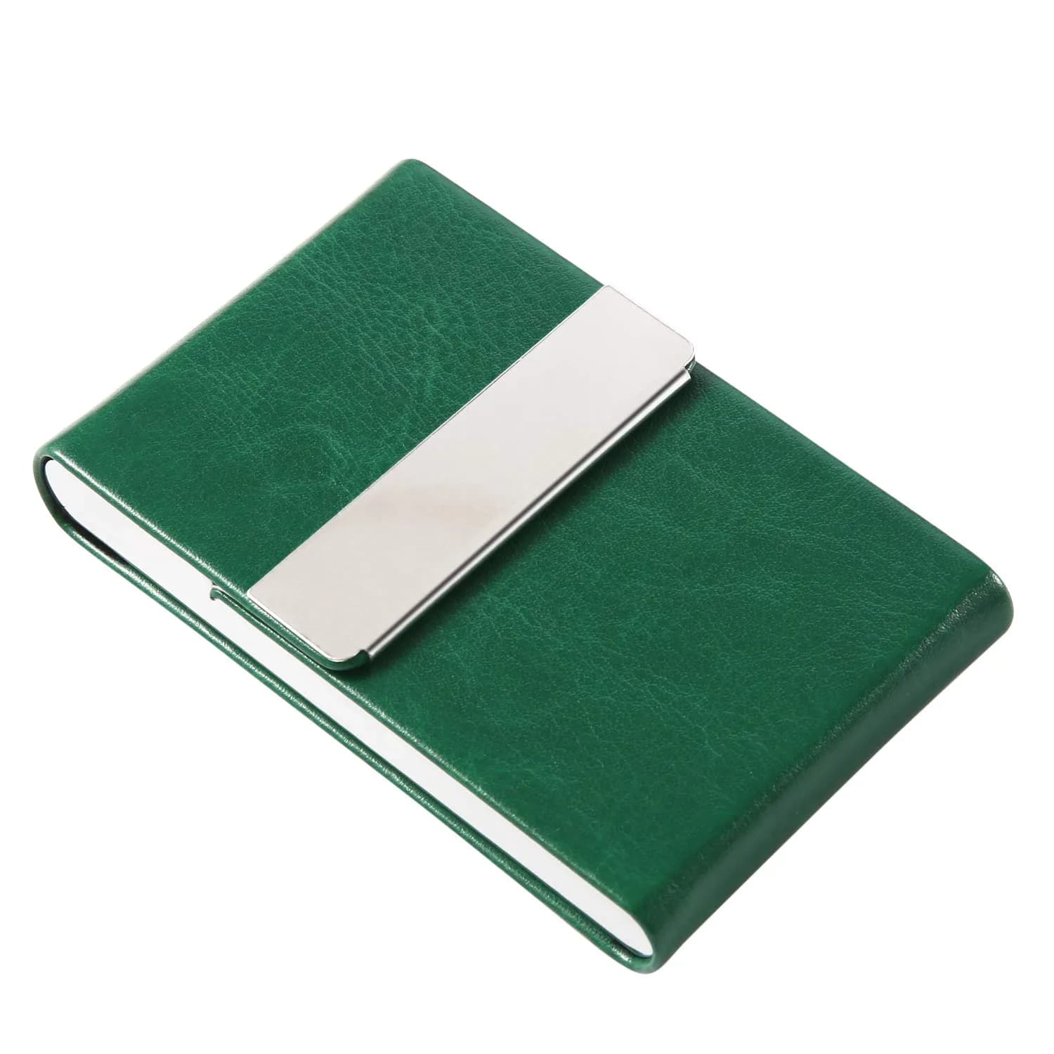 JuneLsy Professional PU Leather Business Card Holder Case with Magnetic Shut - Dark Green | Holds 15-20 Cards