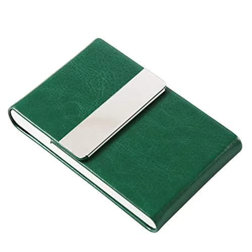 JuneLsy Professional PU Leather Business Card Holder Case with Magnetic Shut - Dark Green | Holds 15-20 Cards thumbnail 1