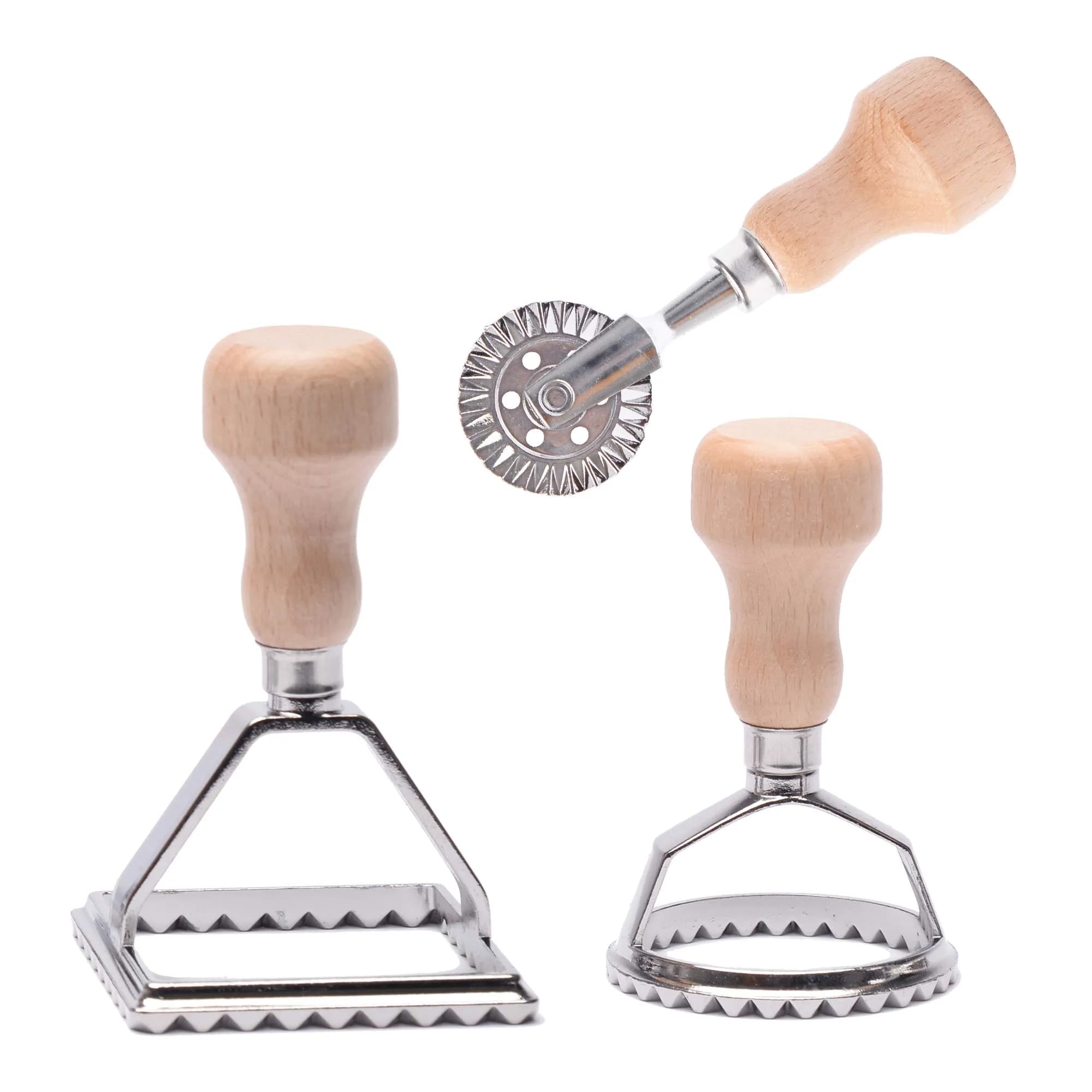 MASTER FENG Pasta Maker & Ravioli Cutter Set | Manual Aluminum Mold with Wooden Handle (MF-146)