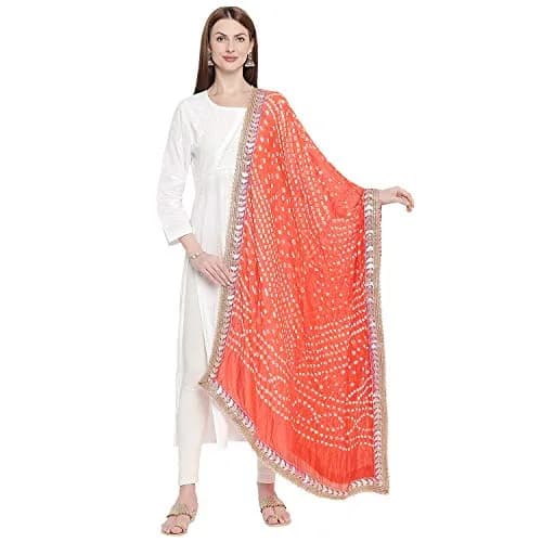 DUPATTA BAZAAR Orange Bandhini Silk Dupatta with Gotta Patti Border 240cm (86 inches) x 96.5cm (38 inches) | Traditional Ethnic Wear thumbnail 1