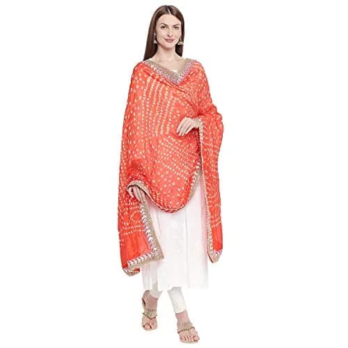 DUPATTA BAZAAR Orange Bandhini Silk Dupatta with Gotta Patti Border 240cm (86 inches) x 96.5cm (38 inches) | Traditional Ethnic Wear thumbnail 4