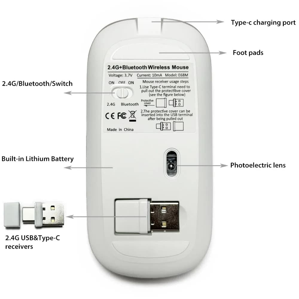 KLO Rechargeable Bluetooth 5.2/3.0/Type-C/USB-2.4G Mouse for MacBook/iPad, Wireless Mouse for Laptop/PC (Purple) - view 4