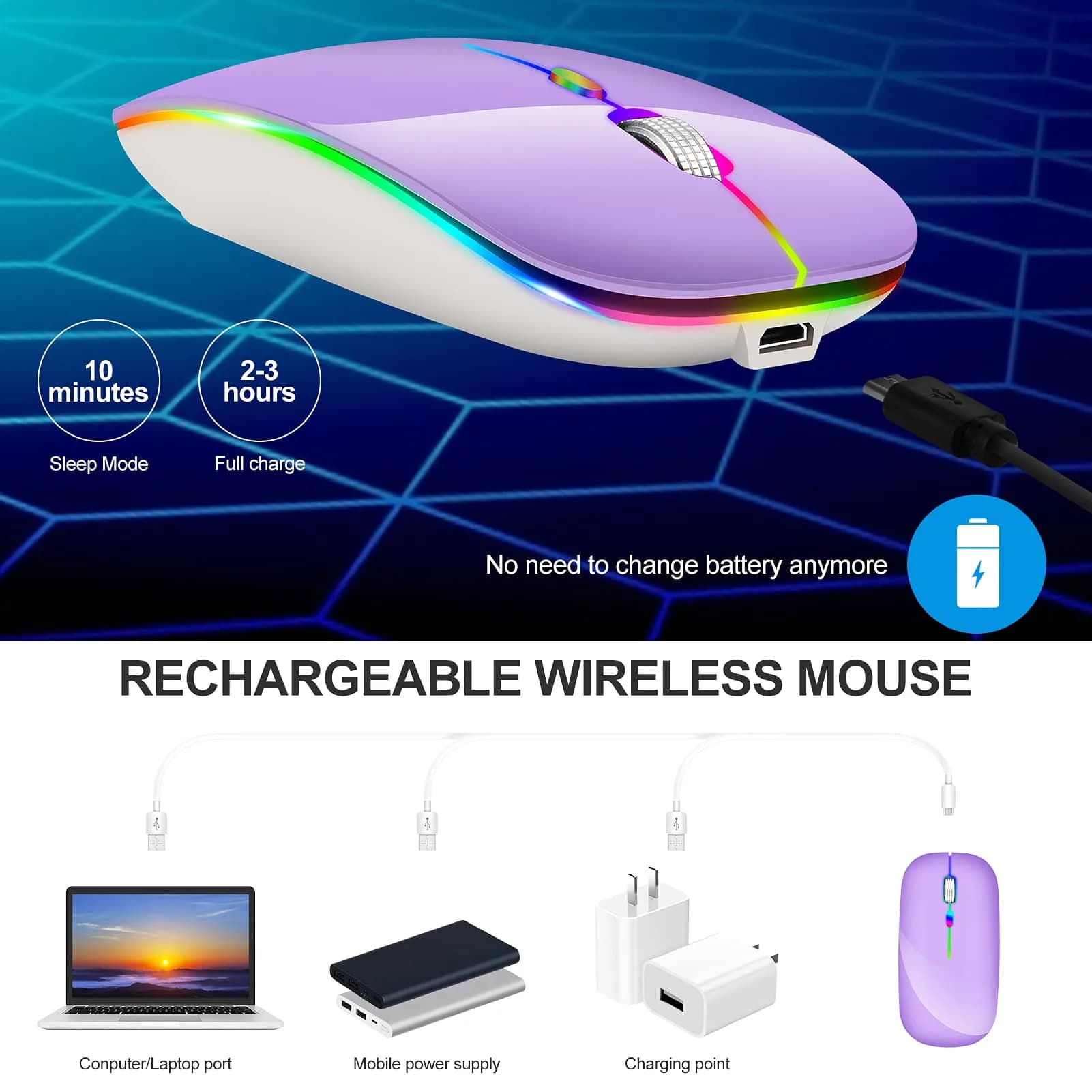 KLO Rechargeable Bluetooth 5.2/3.0/Type-C/USB-2.4G Mouse for MacBook/iPad, Wireless Mouse for Laptop/PC (Purple) - view 6