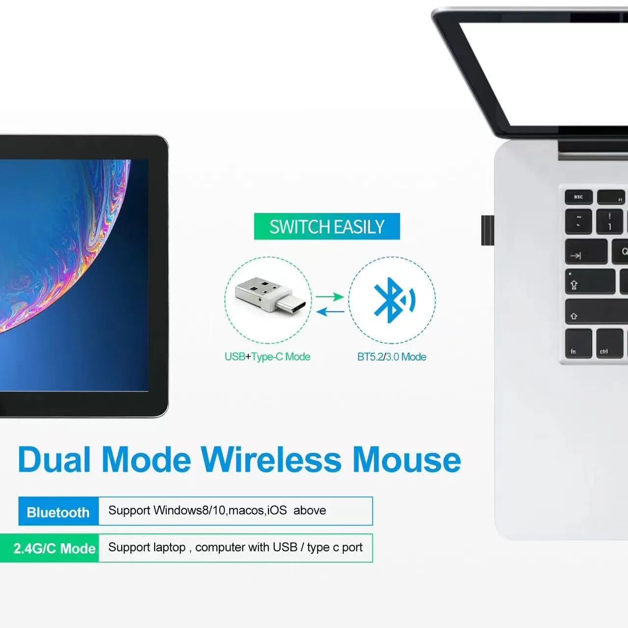 KLO Rechargeable Bluetooth 5.2/3.0/Type-C/USB-2.4G Mouse for MacBook/iPad, Wireless Mouse for Laptop/PC (Purple) - view 2