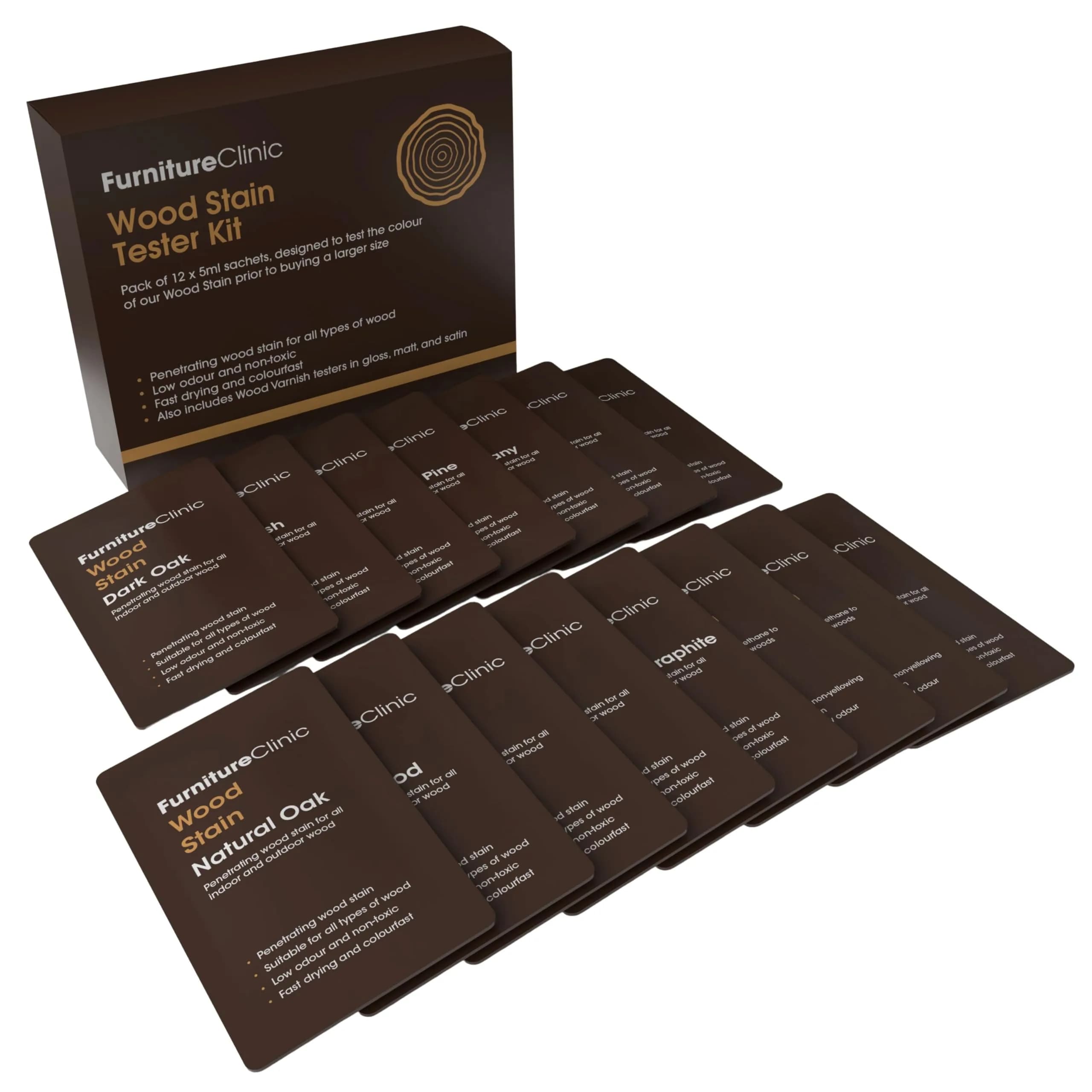 Furniture Clinic Wood Stain Tester Kit (9 x 15ml / 4.5 Fl Oz) | Water-Based, Fast-Drying, Concentrated Formula - main product image