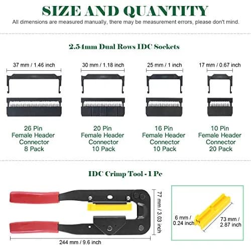 Keadic IDC Cable Connector Kit with Crimp Tool, 49 Pieces FC-10/16/20/26 Pin Female Header 2.54mm Pitch | For Flat Ribbon Cable Assembly thumbnail 2
