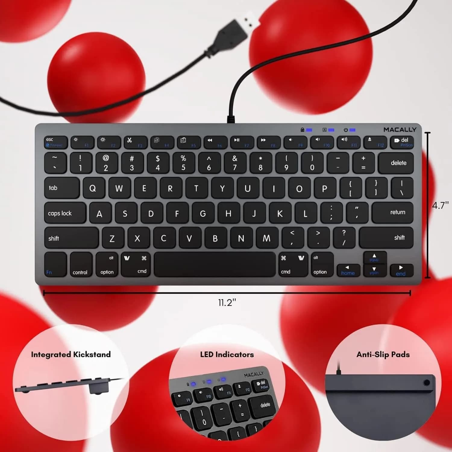 Macally SlimkeyCSG Wired USB Keyboard for Mac & Windows - 78 Scissor Keys, 13 Shortcut Keys, Compact Mini Design - Space Grey - view 7
