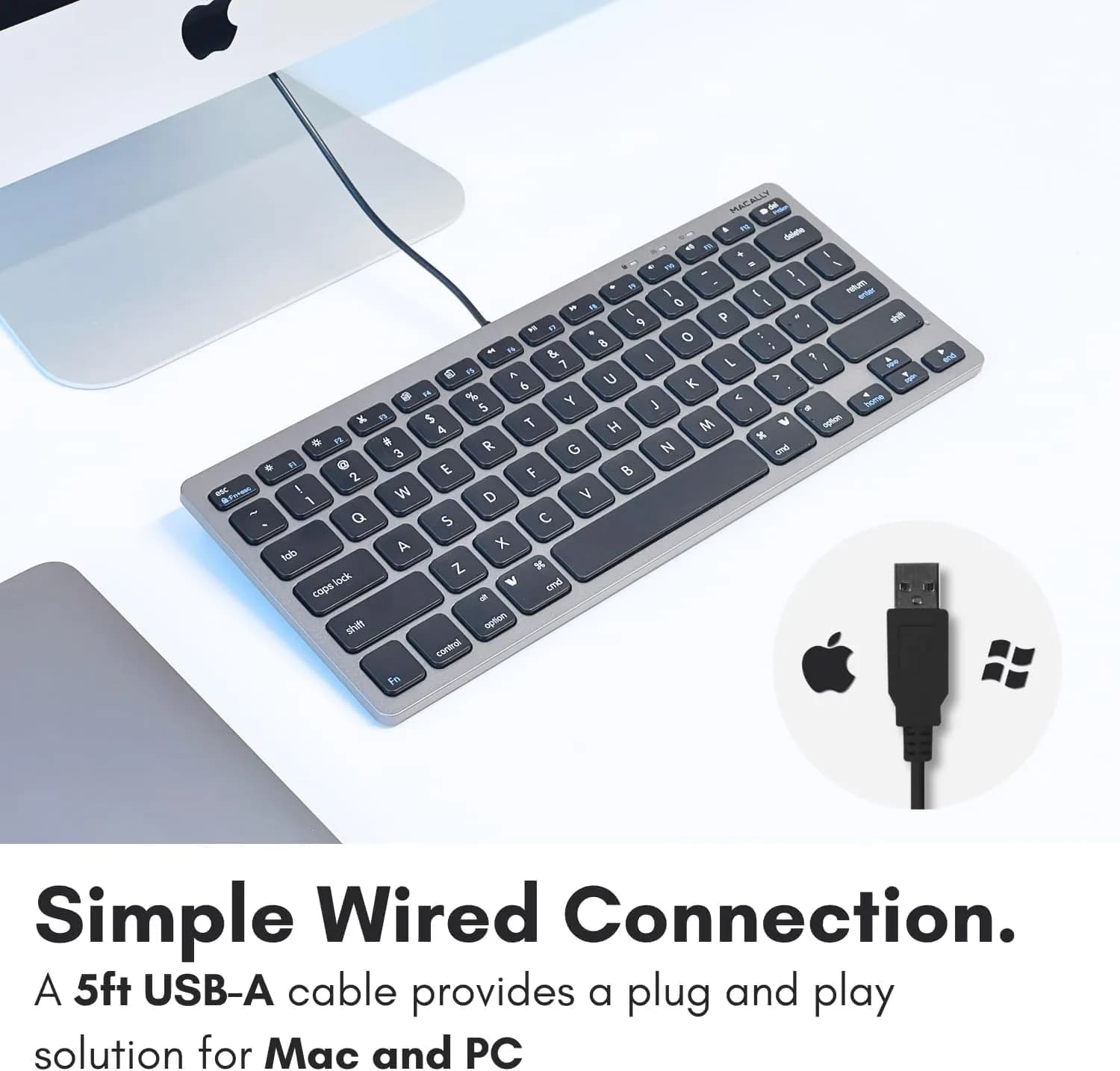 Macally SlimkeyCSG Wired USB Keyboard for Mac & Windows - 78 Scissor Keys, 13 Shortcut Keys, Compact Mini Design - Space Grey - view 3