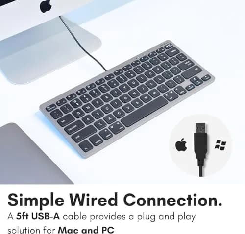 Macally SlimkeyCSG Wired USB Keyboard for Mac & Windows - 78 Scissor Keys, 13 Shortcut Keys, Compact Mini Design - Space Grey thumbnail 3
