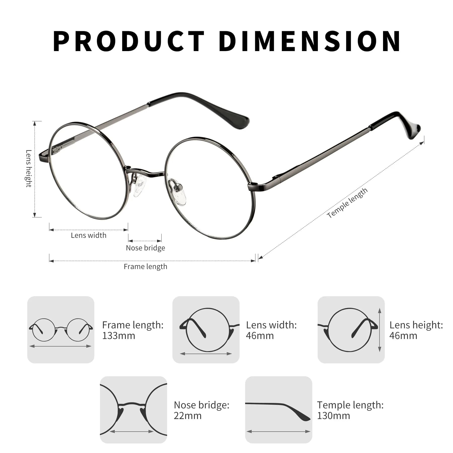 Pro Acme Retro Round Clear Lens Glasses with Metal Frame (Gunmetal) | 46mm Lens Width - view 3
