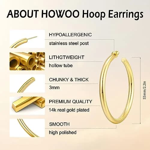 Howoo 14K Gold Plated Hoop Earrings for Women Chunky Hoop | Lightweight, Hypoallergenic, 55mm thumbnail 4