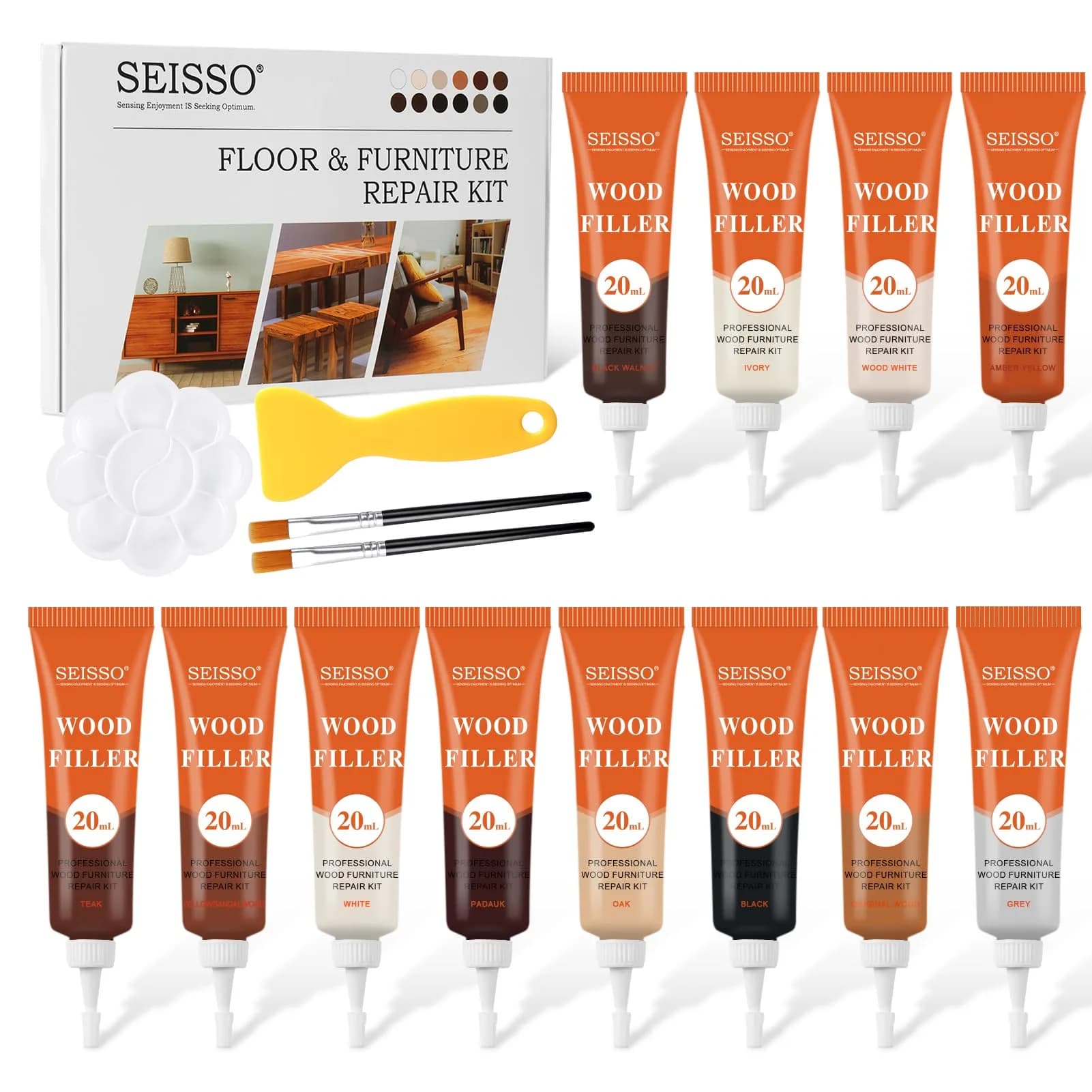 SEISSO 12 Colors Furniture Wood Floor Repair Kit | Scratch Cover & Filler for Wood Surfaces — 12 Colors