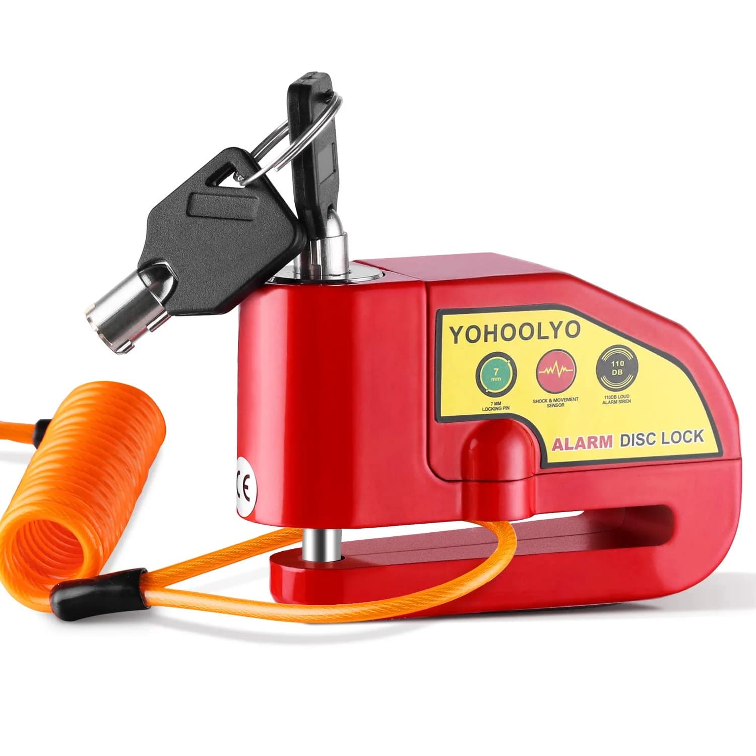 YOHOOLYO Red Motorcycle Alarm Disc Lock with 5ft Reminder Cable | Anti-Theft 110dB Waterproof Security