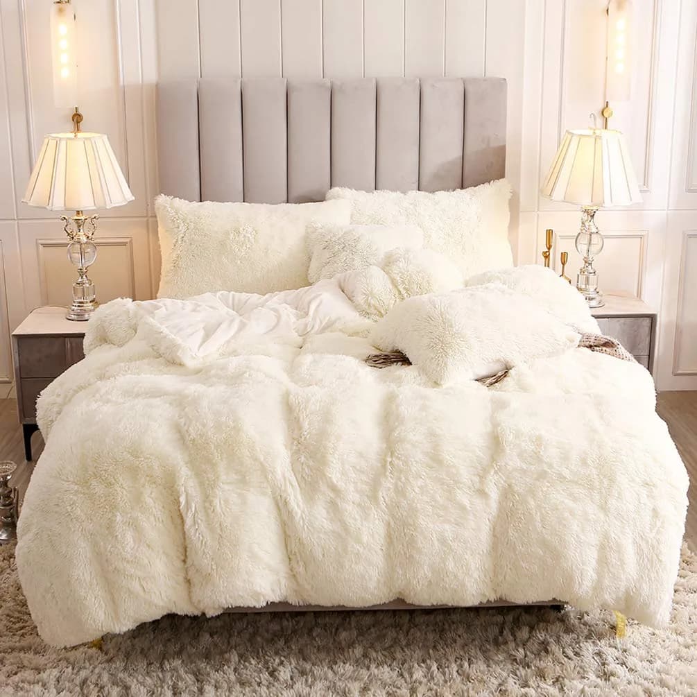 Uhamho Faux Fur Velvet Fluffy Bedding Duvet Cover Set Twin Cream | Ultra Soft & Warm