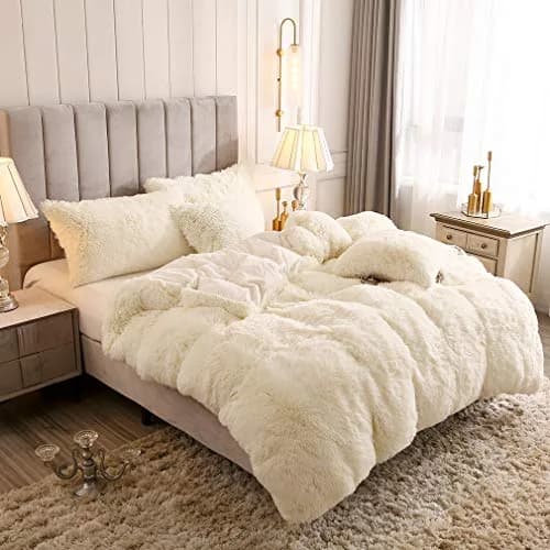 Uhamho Faux Fur Velvet Fluffy Bedding Duvet Cover Set Twin Cream | Ultra Soft & Warm thumbnail 2
