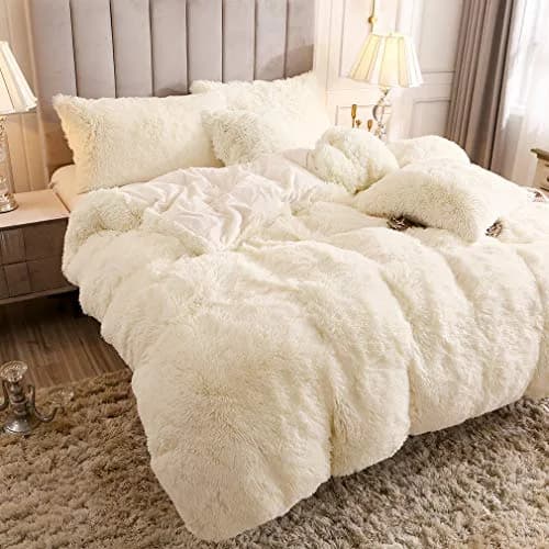 Uhamho Faux Fur Velvet Fluffy Bedding Duvet Cover Set Twin Cream | Ultra Soft & Warm thumbnail 3