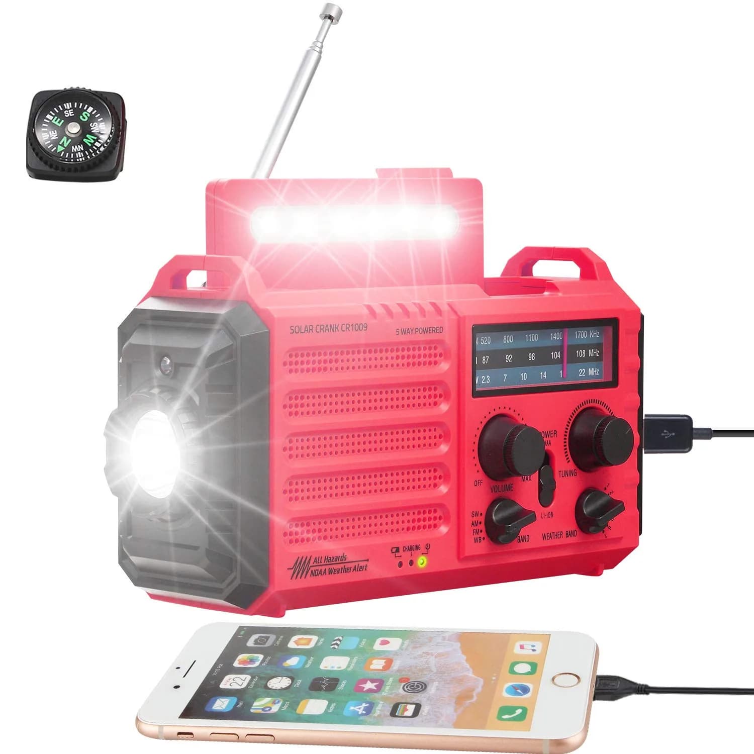 Mesqool Emergency Weather Radio NOAA Alert with 5000mAh Battery Backup, AM/FM/SW, Hand Crank, Solar, Red | Portable Survival Tool with LED Flashlight & SOS Alarm - main product image