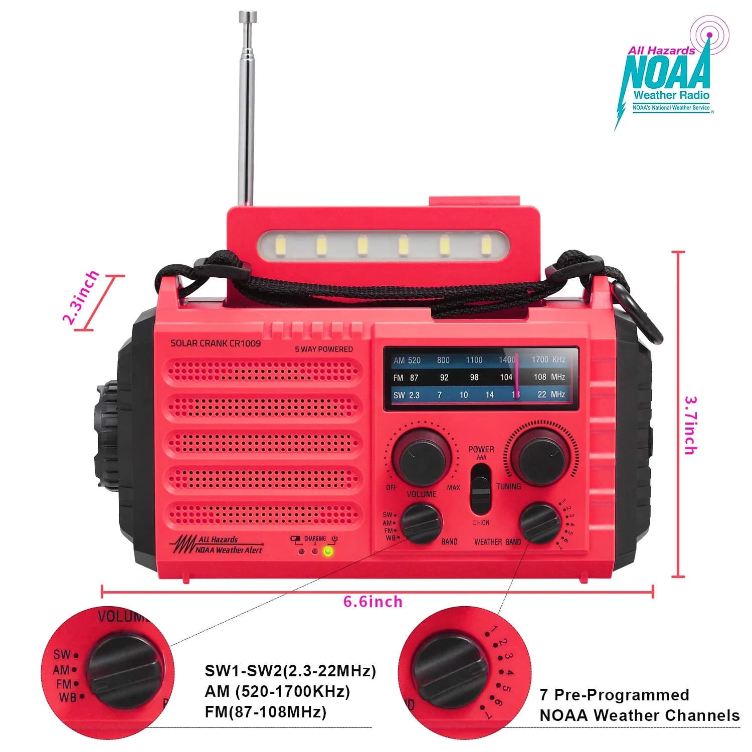 Mesqool Emergency Weather Radio NOAA Alert with 5000mAh Battery Backup, AM/FM/SW, Hand Crank, Solar, Red | Portable Survival Tool with LED Flashlight & SOS Alarm - view 5