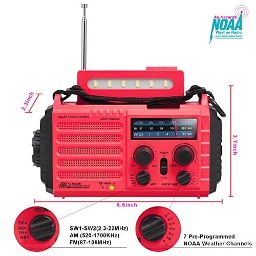 Mesqool Emergency Weather Radio NOAA Alert with 5000mAh Battery Backup, AM/FM/SW, Hand Crank, Solar, Red | Portable Survival Tool with LED Flashlight & SOS Alarm thumbnail 5