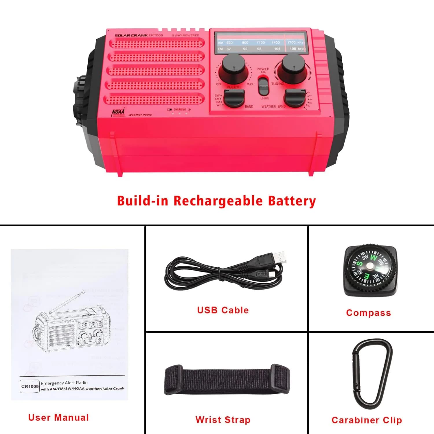 Mesqool Emergency Weather Radio NOAA Alert with 5000mAh Battery Backup, AM/FM/SW, Hand Crank, Solar, Red | Portable Survival Tool with LED Flashlight & SOS Alarm - view 6