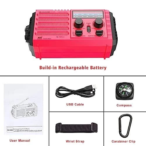 Mesqool Emergency Weather Radio NOAA Alert with 5000mAh Battery Backup, AM/FM/SW, Hand Crank, Solar, Red | Portable Survival Tool with LED Flashlight & SOS Alarm thumbnail 6