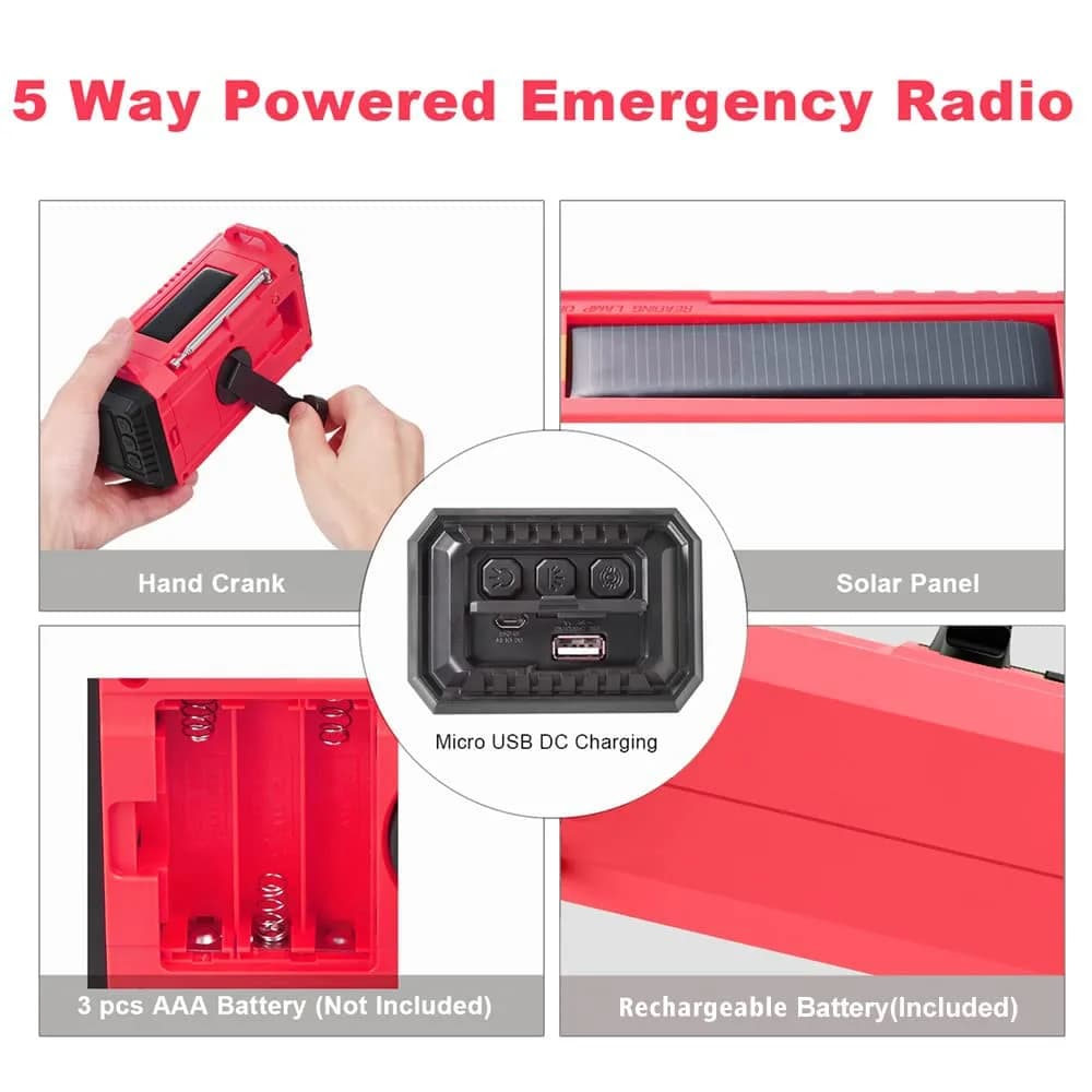 Mesqool Emergency Weather Radio NOAA Alert with 5000mAh Battery Backup, AM/FM/SW, Hand Crank, Solar, Red | Portable Survival Tool with LED Flashlight & SOS Alarm - view 2