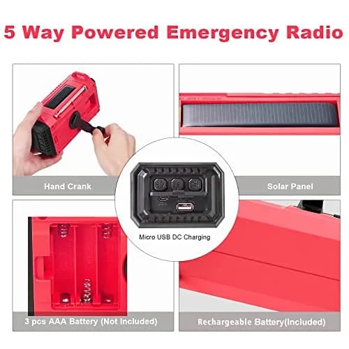 Mesqool Emergency Weather Radio NOAA Alert with 5000mAh Battery Backup, AM/FM/SW, Hand Crank, Solar, Red | Portable Survival Tool with LED Flashlight & SOS Alarm thumbnail 2
