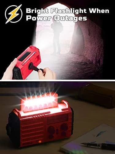 Mesqool Emergency Weather Radio NOAA Alert with 5000mAh Battery Backup, AM/FM/SW, Hand Crank, Solar, Red | Portable Survival Tool with LED Flashlight & SOS Alarm thumbnail 3