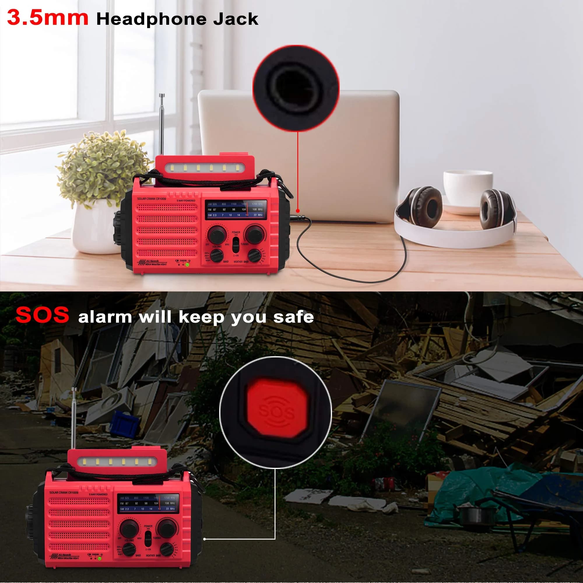 Mesqool Emergency Weather Radio NOAA Alert with 5000mAh Battery Backup, AM/FM/SW, Hand Crank, Solar, Red | Portable Survival Tool with LED Flashlight & SOS Alarm - view 4