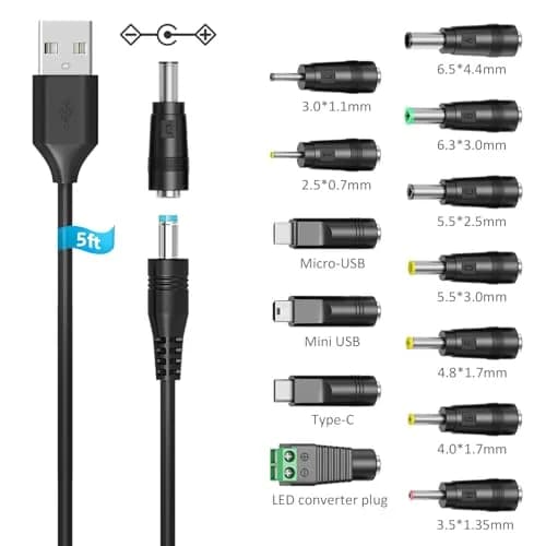 Belker Universal USB to DC 5V Power Cord with 13 Tips | 1.5M Black Cable for 5V Devices thumbnail 2