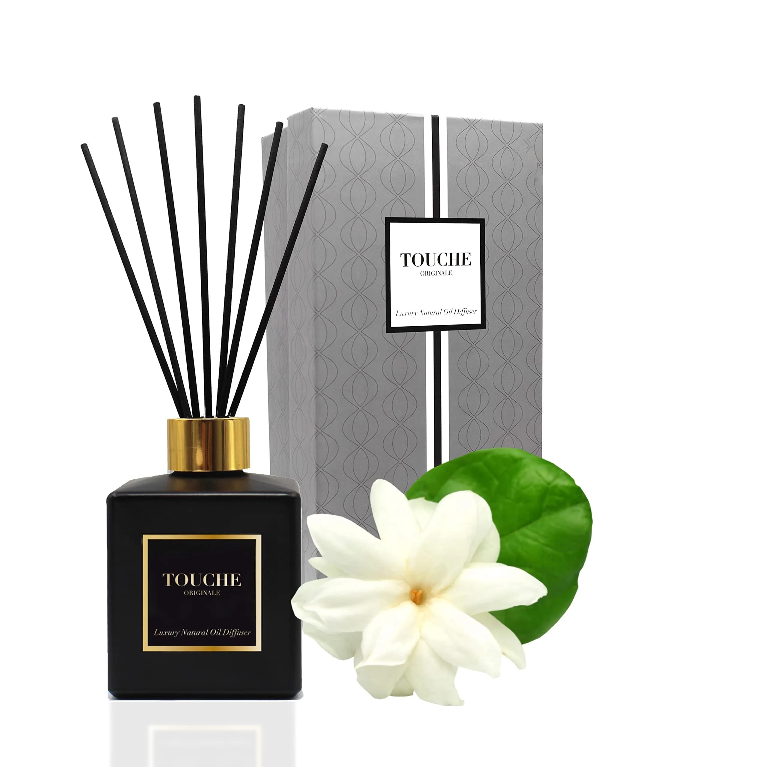 TOUCHE ORIGINALE Natural Reed Diffuser 120ml | Long Lasting Sandalwood & Jasmine Aroma — Sandalwood & Jasmine - Black Bottle