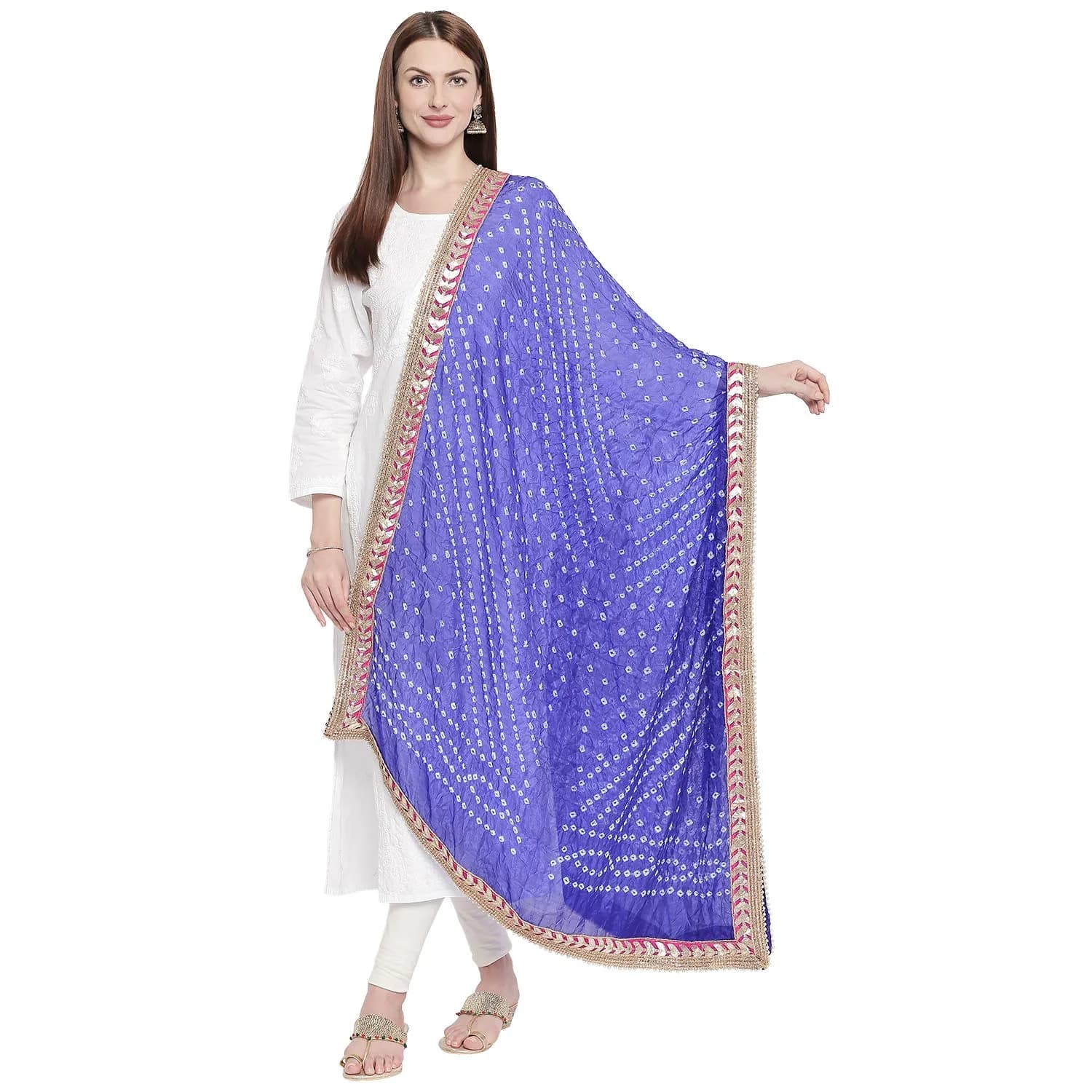 DUPATTA BAZAAR Green Bandhini Silk Dupatta with Gotta Patti Border 240cm (86 inches) x 97cm (38 inches) — Blue