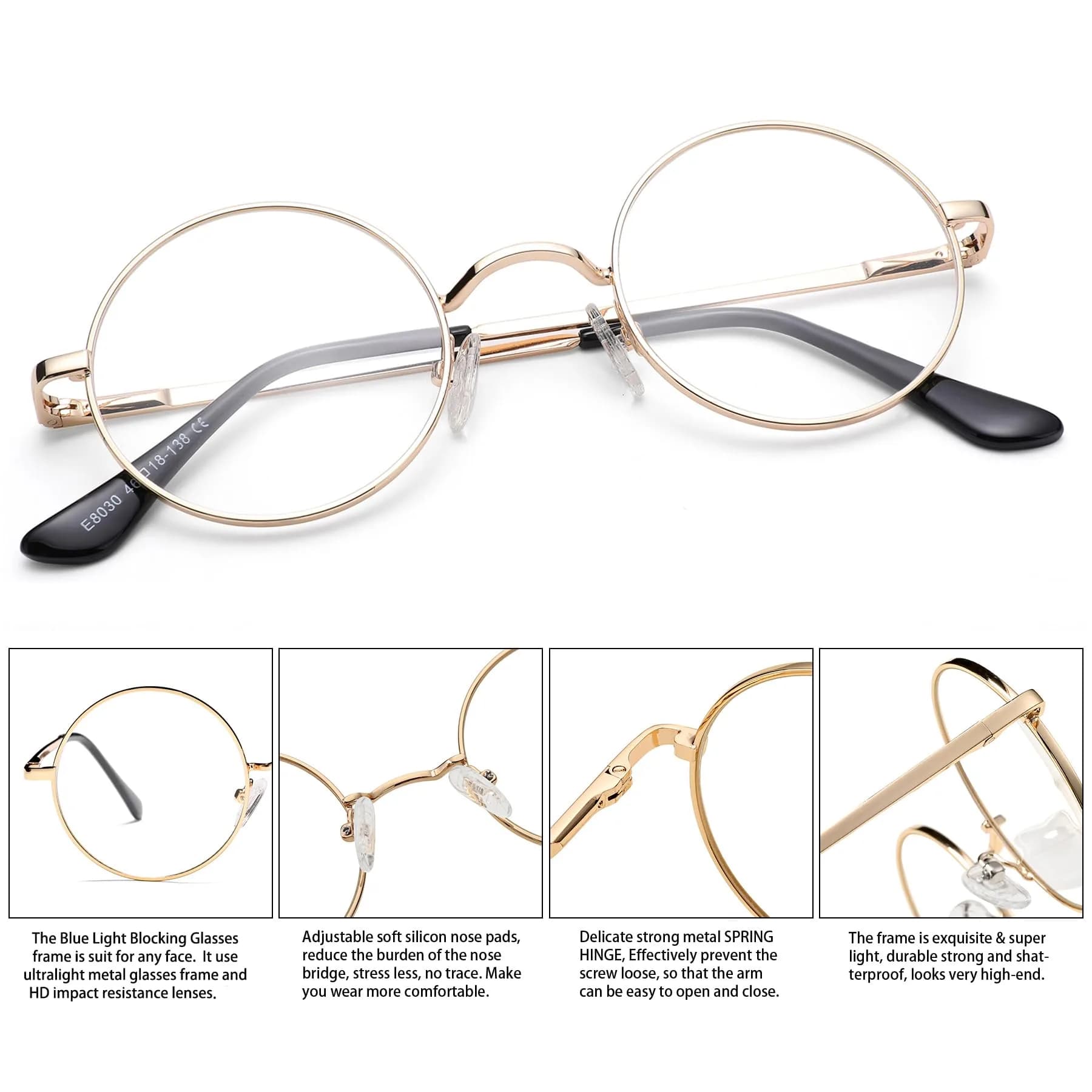Pro Acme Retro Round Blue Light Blocking Clear Lens Glasses with Gold Metal Frame | 46mm Lens Width - view 4