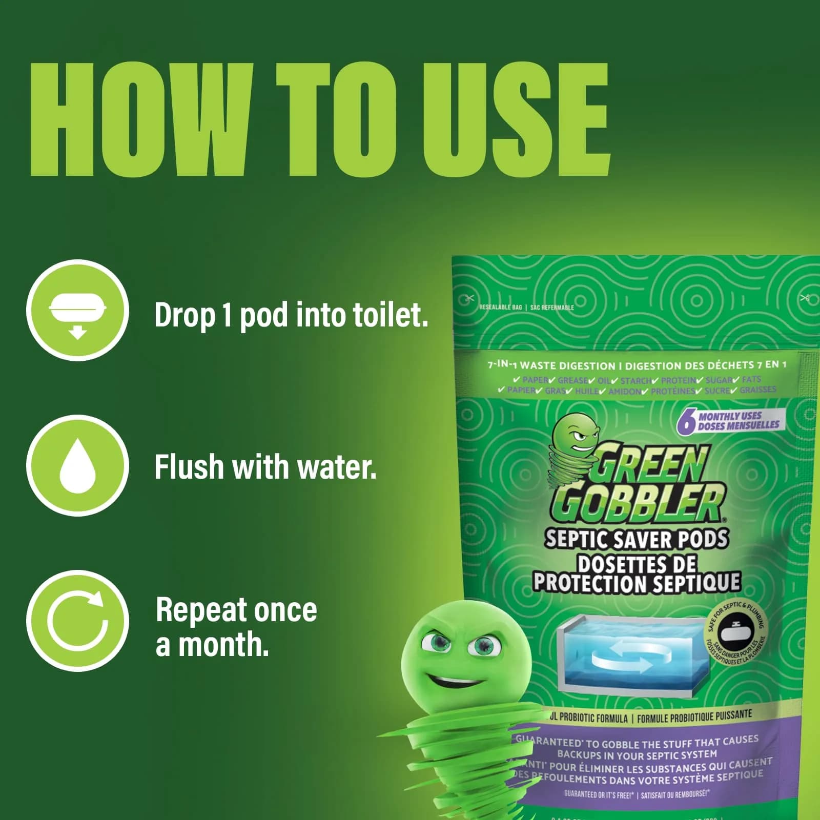 Green Gobbler Septic Tank Treatment Packets (24 Pods) | Natural Bacteria to Prevent Costly Septic Issues thumbnail 7