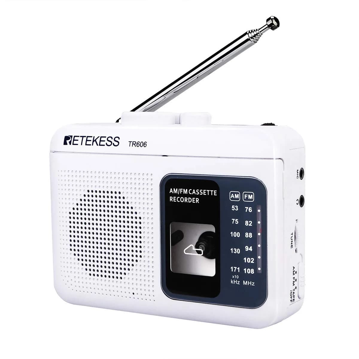 Retekess TR606 Cassette Player Recorder with AM/FM Radio & Built-in Microphone (White) | Portable Audio Player