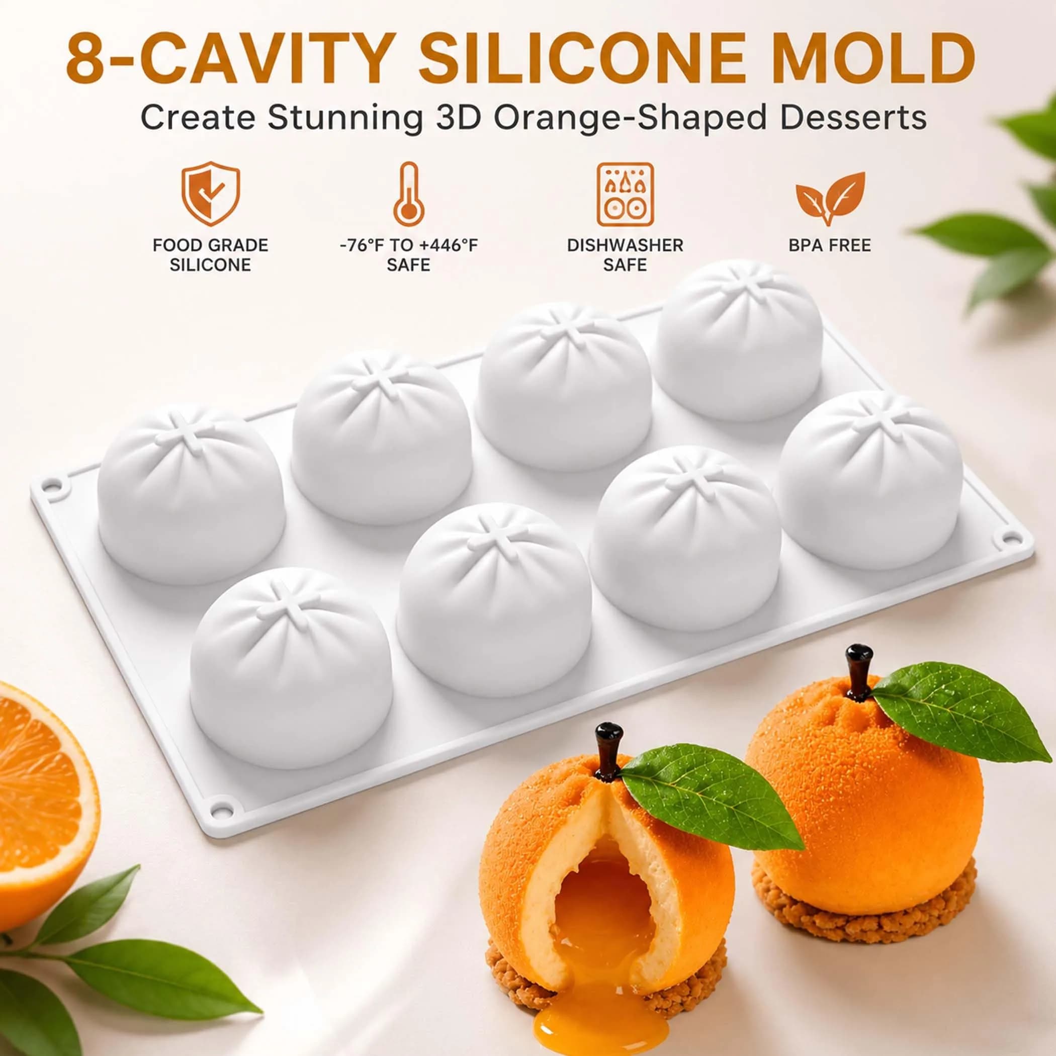 OCPO Kitchen Orange Silicone Mold for Baking Mousse Cake, 8 Cavities | Non-Stick Easy Release Dessert Chocolate Candy Jelly Ice Cream - view 4