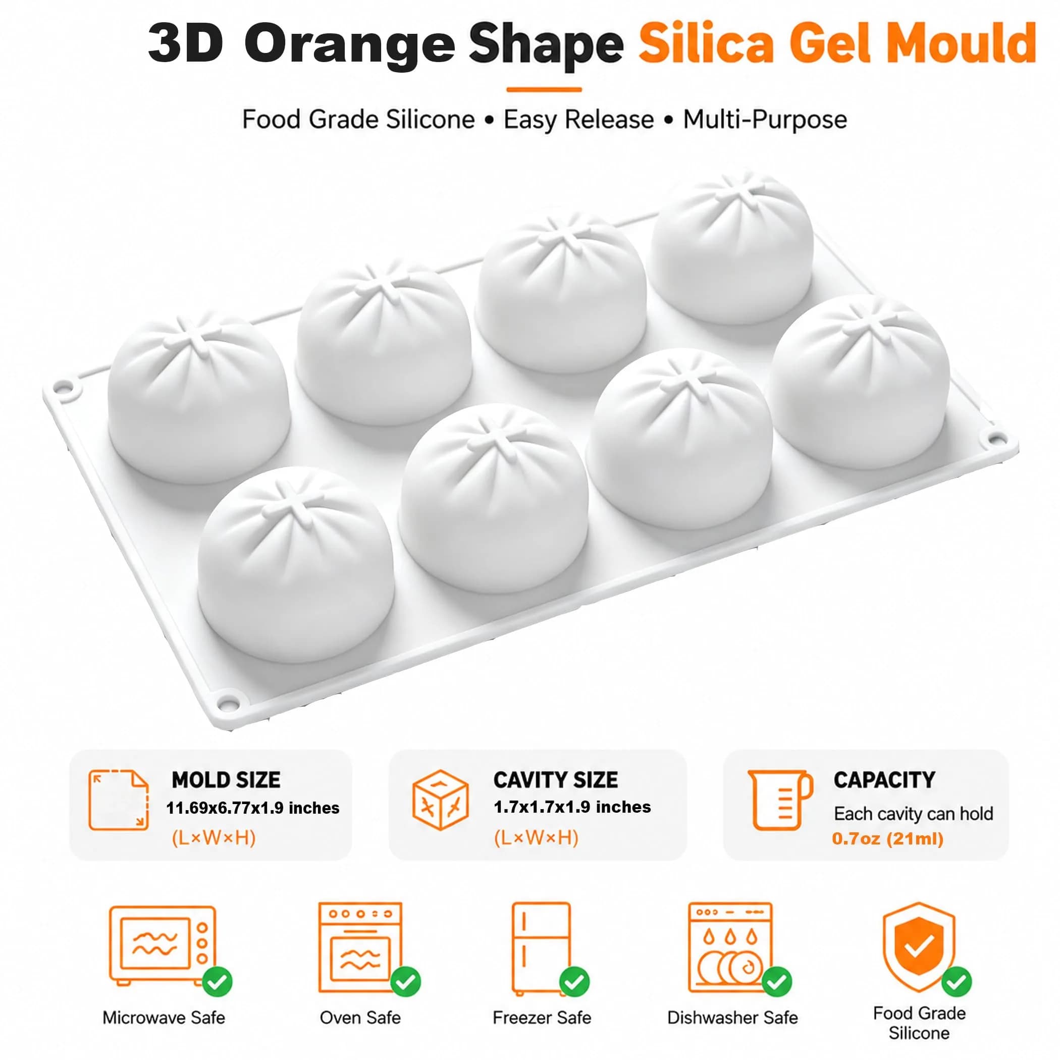OCPO Kitchen Orange Silicone Mold for Baking Mousse Cake, 8 Cavities | Non-Stick Easy Release Dessert Chocolate Candy Jelly Ice Cream - view 2