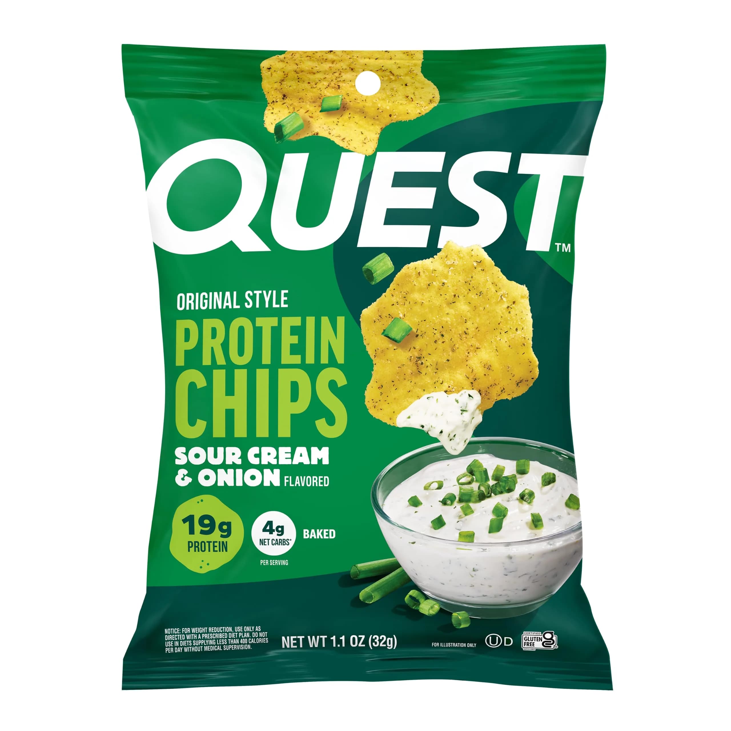 Quest Sour Cream & Onion Protein Chips 1.1oz (32g) Bags | 19g Protein, 4g Net Carbs, Gluten-Free
