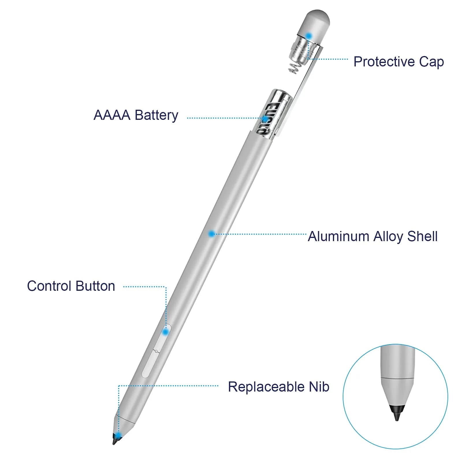 hacey Precision Stylus Pen for Surface Pro 11/10/X/9/8/7/6/5/4/3, 1024 Pressure Levels, Palm Rejection | Aluminum Body, Replaceable AAAA Battery - view 7